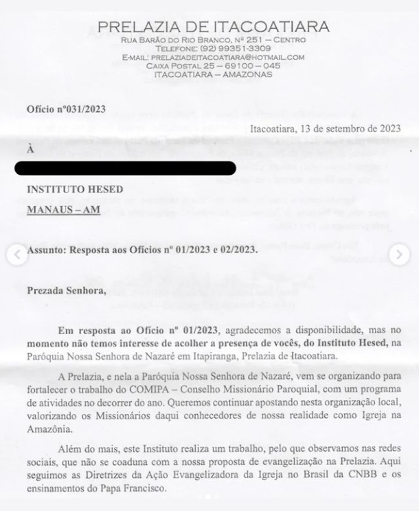 Bispo veta presenca de Frei Gilson e Instituto Hesed na prelazia 1